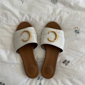 Chloe Women’s White Croc-Embossed Slide Sandals with Gold Accent